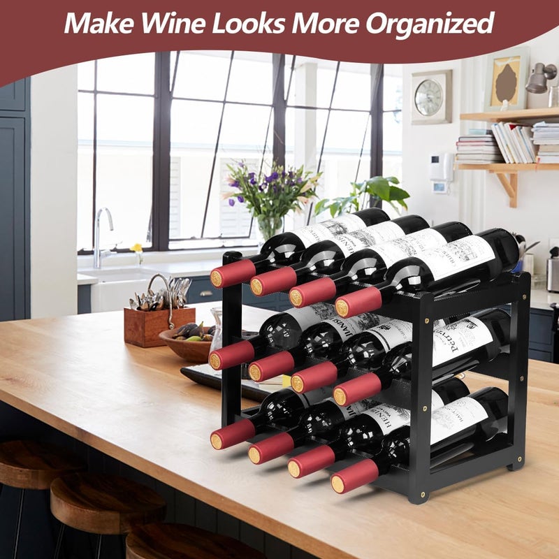 Homevany Bamboo Wine Rack, Sturdy and Durable Wine Storage Cabinet Shelf, Wine Racks Countertop for Pantry - 3 Tiers 12 Bottle Wine Rack, Black - Image 3